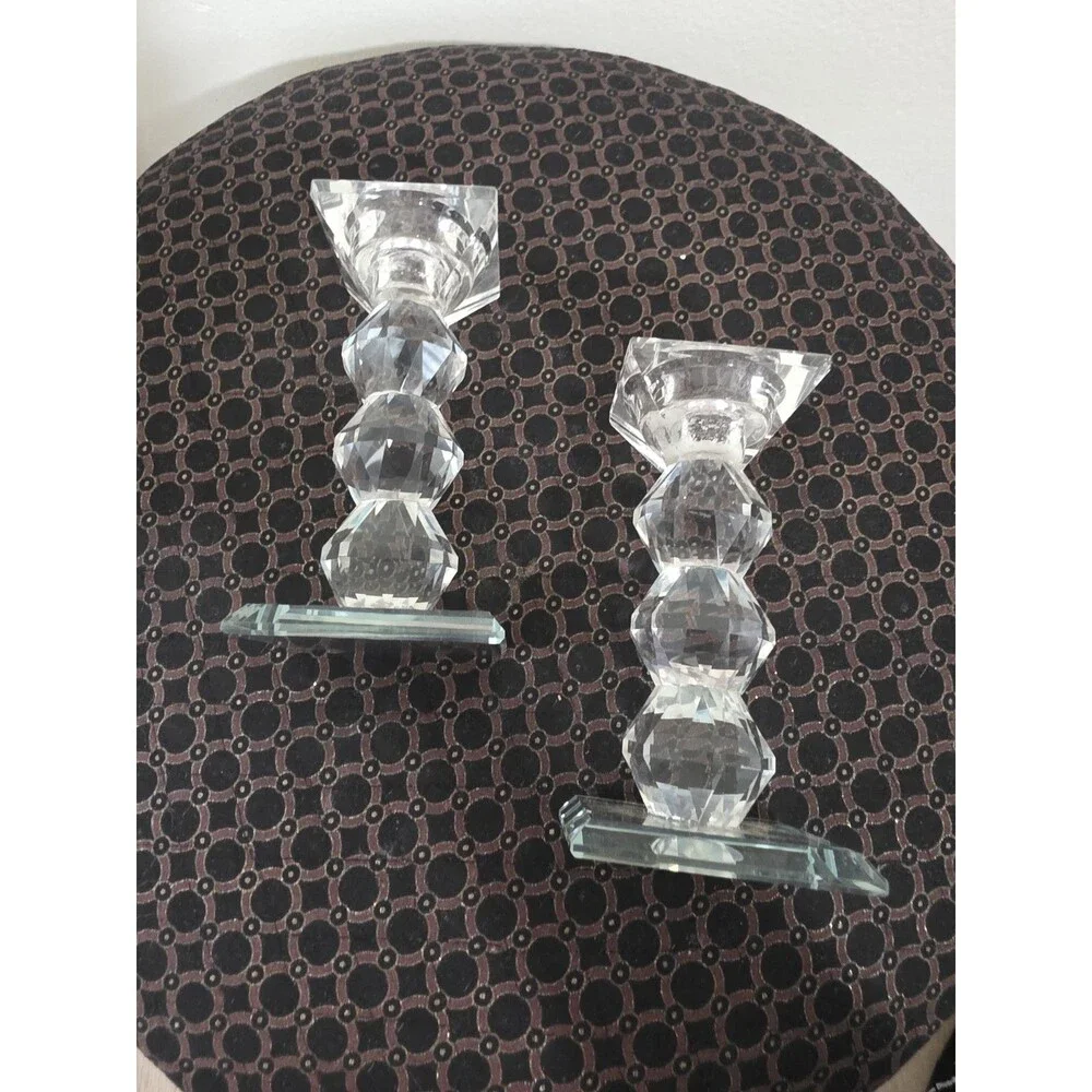 Art Deco CRYSTAL Set of 2  Gemstone Cut PRISM Pillar Candlestick Holder Pair